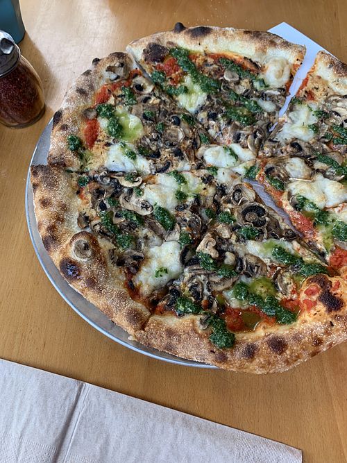 Classic mushroom with pesto. Sooooo good!!!!  at Hatool HaYarok - The Green Cat in Tel Aviv