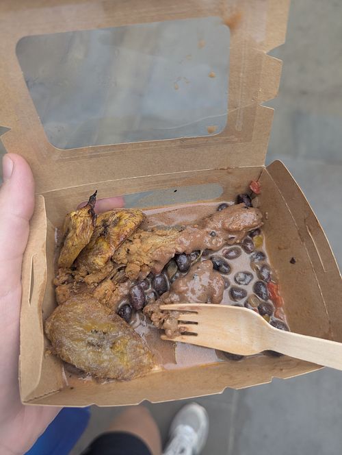 FF oyster mushroom, black bean stew, plantain. Small box £5 at Fusionx3 in London