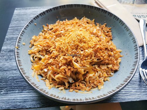 rice noodles (removed egg), black mushrooms, tofu, garlic, onion, coconut curry sauce at Wasabe Asian Fusion in Agia Paraskevi