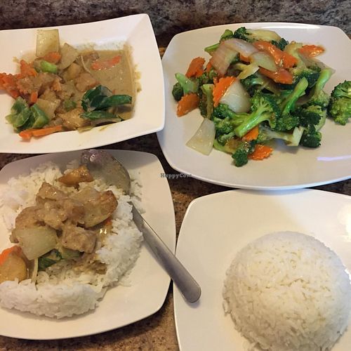 Potato curry and teriyaki broccoli -- both came with rice and all for meee :) at Sykamore Vegan House in Dallas