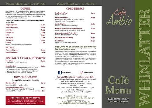 Menu - alternative milks available for drinks  at Café Ambio in England