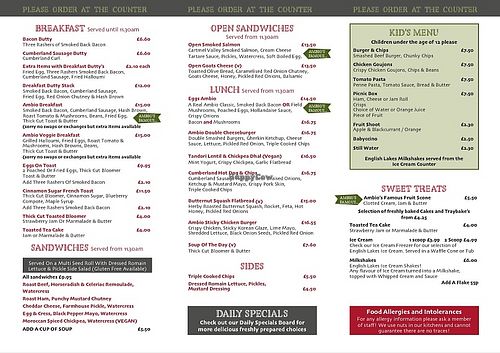 Menu - vegan sandwich and lunch options   at Café Ambio in England