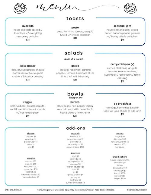 Menu at Beans + Buns in Cranston