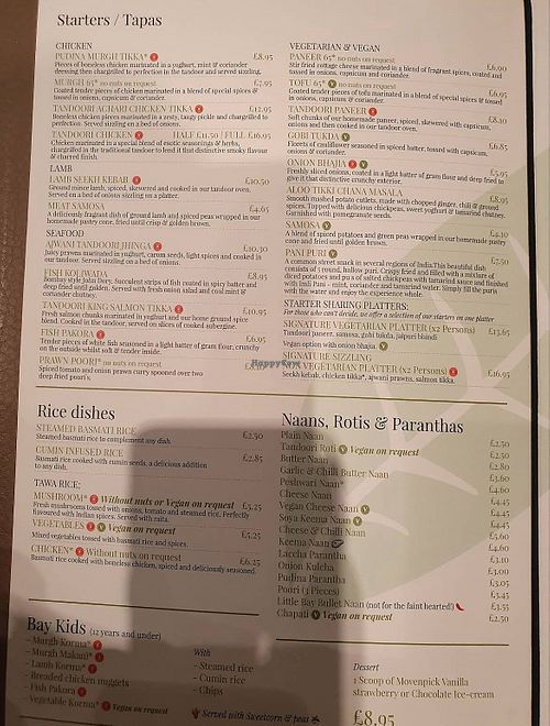 Part of the card  at Little Bay Bar and Indian Restaurant in 