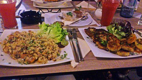LEFT: chicken fried rice
RIGHT: 3 different veggie patties with sauce at Selly's Vegan Bar in Passau