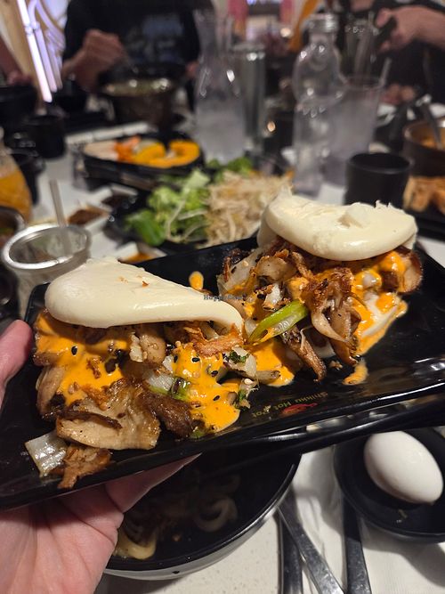 Mushroom bao buns with vegan aioli! at Shikku Hot Pot in Plymouth