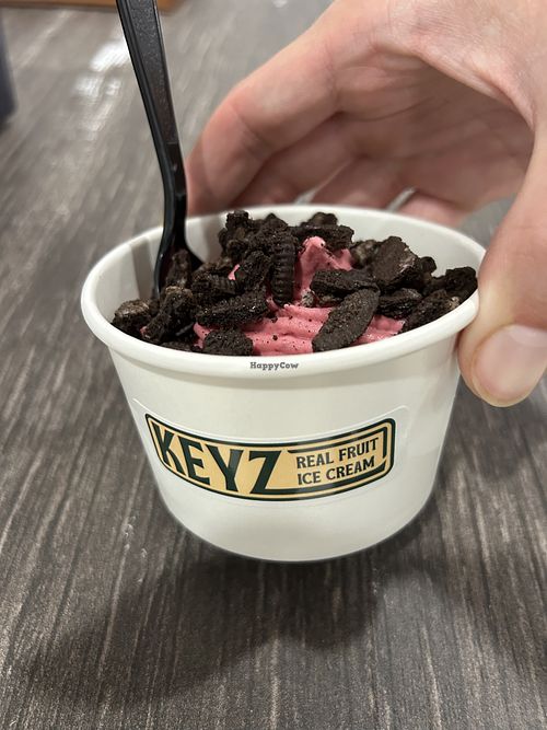 Vegan vanilla with raspberry and Oreo   at Keyz New Zealand Style Ice Cream in Nags Head