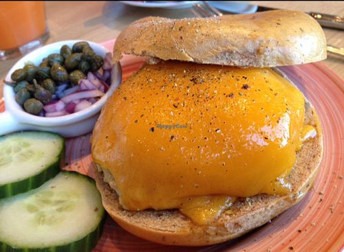 Vegetarian Tuna melt with cheese,, capers and red onion bagel  at Bagels & Beans - IJDok in Amsterdam