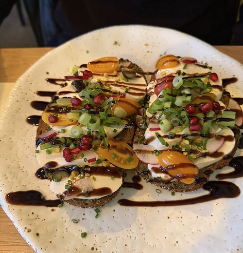 Vegan mozzarella toast  at Willa Brunch in Bruges