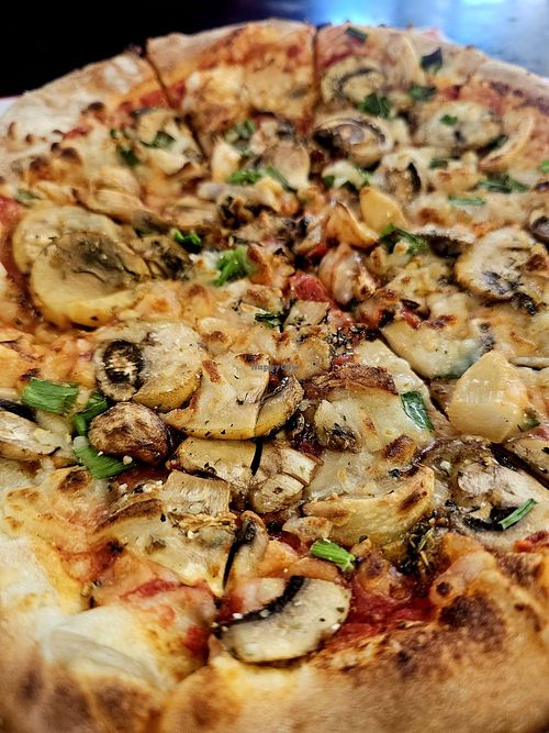 Veganized Truffled Mushroom Pizza (swap sauce for red, add vegan mozz and nix the parm) at Cinders Wood Fired Pizza in Redding