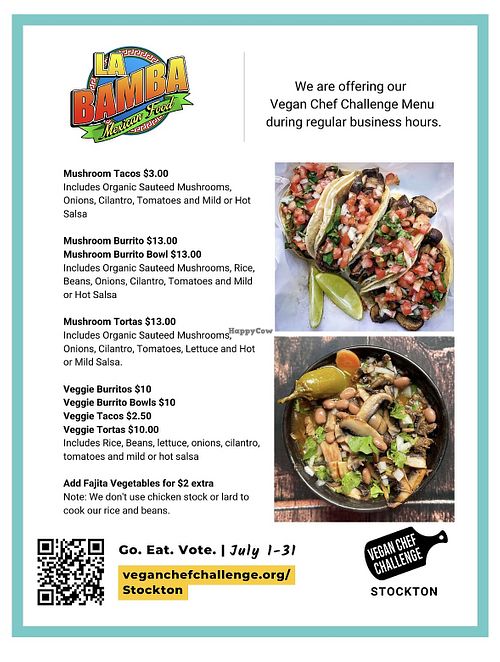 Vegan Chef Challenge Menu  at La Bamba Mexican Food in Lodi
