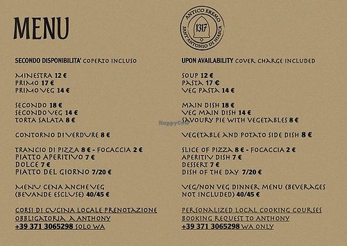 Menu at L'Eremo - Rifugio escursionistico nel Parco di Portofino in Liguria