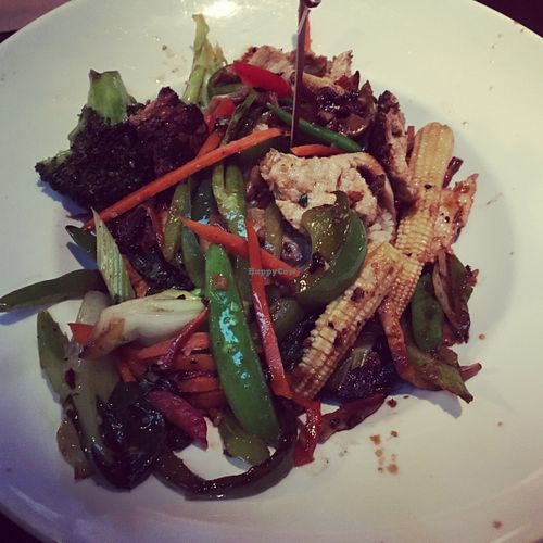 Gardein chicken stir fry with veggies and brown rice at Yard House in Miami