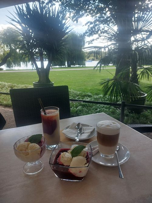 Various sorbets and "Heiss & kalt" vegan bourbon vanilla ice cream and hot cherries at Orangery Schwerin in Schwerin