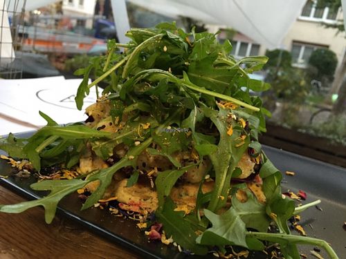 Excellent waffle with potato topping (all savoury, not a dessert), freshly made, super tasty. at Moehren Milieu Eco Cafe in Mainz