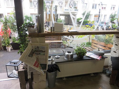 upcycled interior design  at Moehren Milieu Eco Cafe in Mainz
