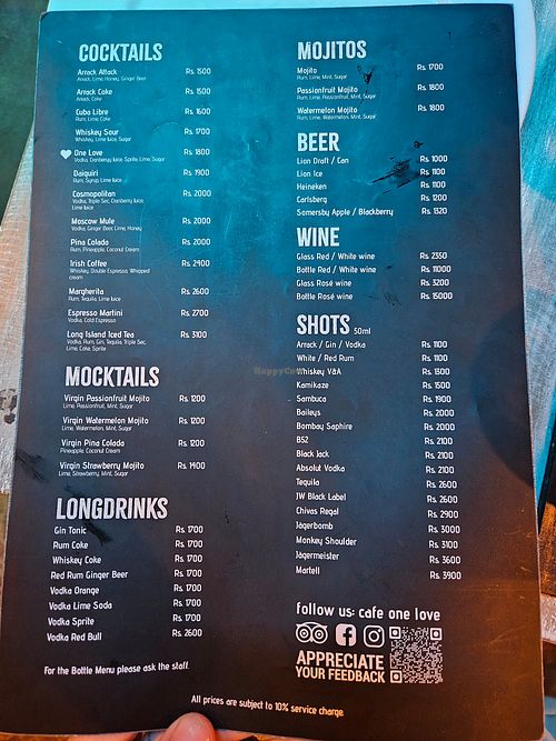 Menu at Cafe One Love in Uva Province