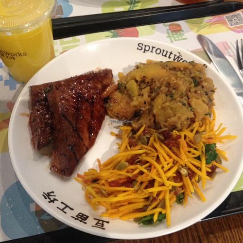 Teriyaki Tofu, Sweet Potatoes, Raw Pumpkin, Carrots, Beans at Sproutworks - XinTianDi in Shanghai