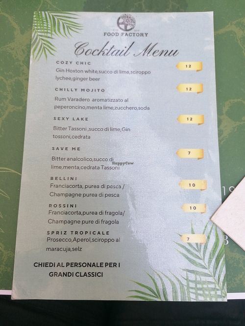 cocktail menu at Food Factory Crema in Crema