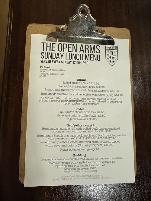 Sunday Dinner menu   at The Open Arms in Bristol