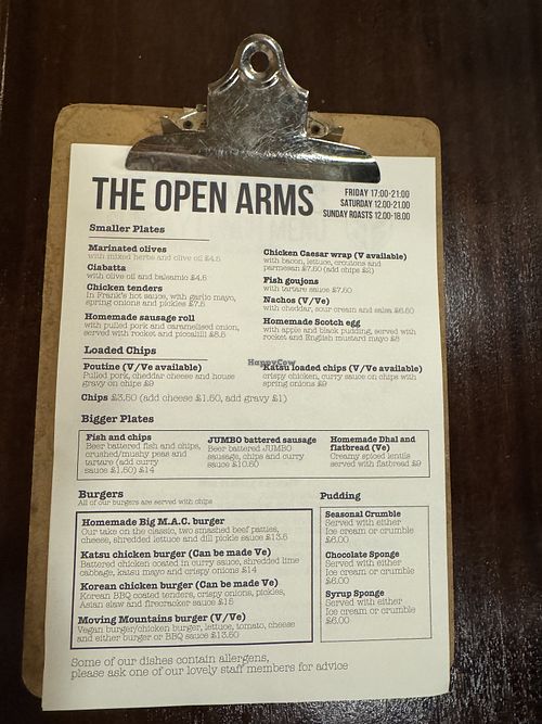 The main menu!  at The Open Arms in Bristol