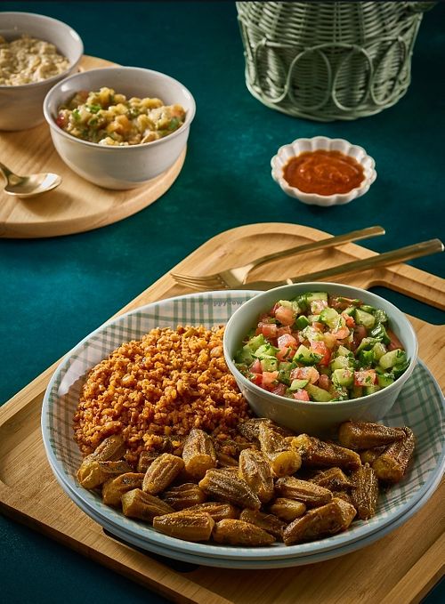 Bulgur Tomato Pilaf With Okra and Cucumber Salad at Vegan Stops in Long Beach