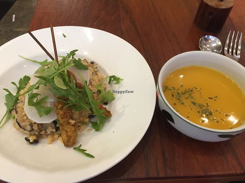 Nice set lunch: Pumpkin soup and mixed mushroom risotto (with pickled radish and veggie chicken skewers) at OVOCafe - Wan Chai Rd in Hong Kong Island