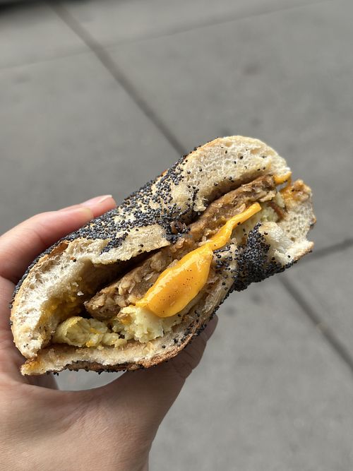 Vegan sausage egg and cheese on poppy bagel  at Utopia Bagels in New York