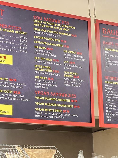 Listing of vegan sandwiches  at Utopia Bagels in New York