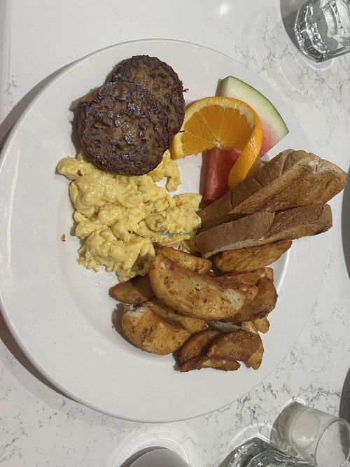 Regular breakfast with vegan sausage and JustEgg substitutions   at Boom Breakfast & Co in Toronto