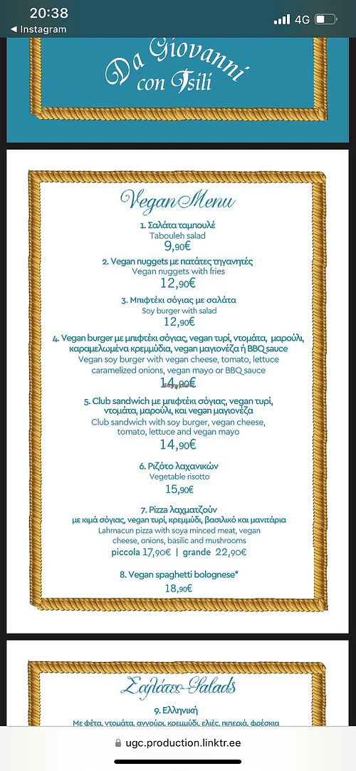Vegan menu  at Casanova in Vouliagmeni