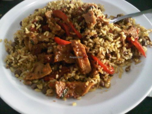 Arroz con Pinto then add Seitan (wheat Gluten) with red peppers at Restaurant Vegetariano Govinda's in Santo Domingo