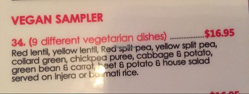 the Vegan menu item at Hawwi Ethiopian in Alexandria