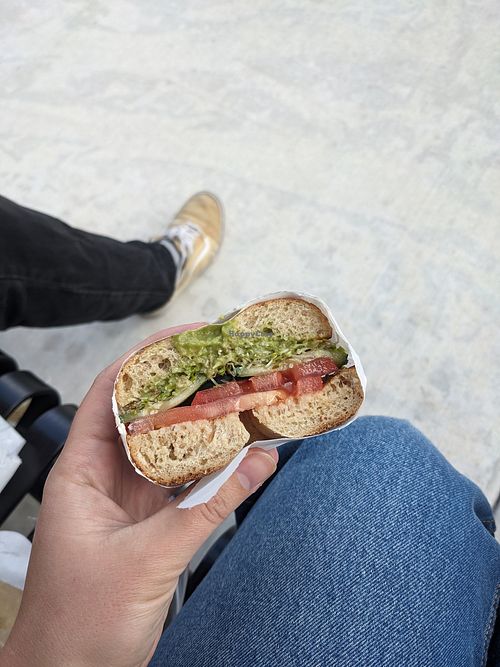 Build your own veggie sandwich with guacamole, tomato, cucumber, and sprouts on a 7-grain bagel. at Bagels Forever in Madison