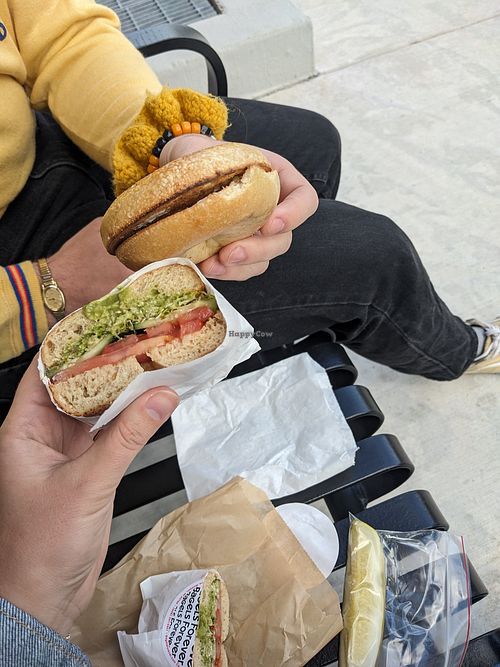Veggie sandwich and PBJ on a blueberry bagel. at Bagels Forever in Madison