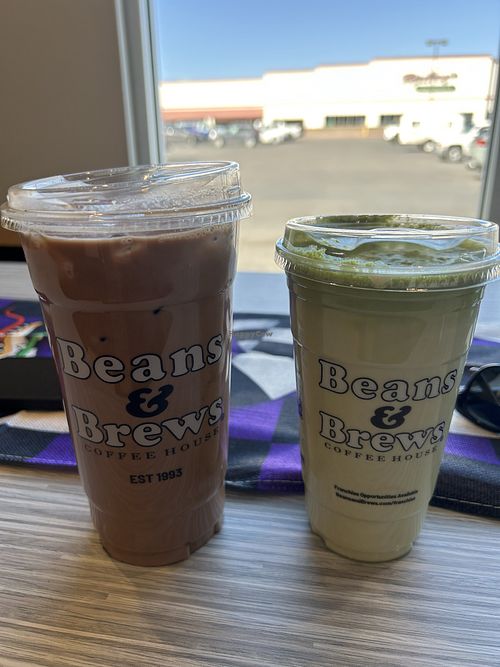 Mocha and matcha latte both with oat milk   at Beans & Brews in Nevada