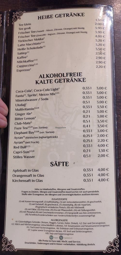 Menu drinks at Yöre Gözleme ve Mantı Evi in Berlin