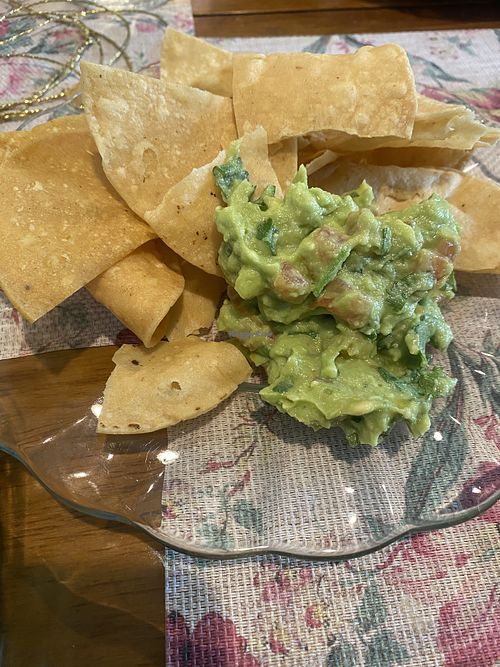 Fresh Guac (minus onions) with Chips - very crunchy  at Vallarta Supermarkets in Modesto