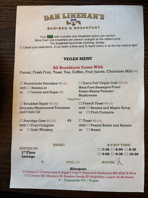 Vegan menu  at Dan Linehan’s Bed and Breakfast  in County Kerry