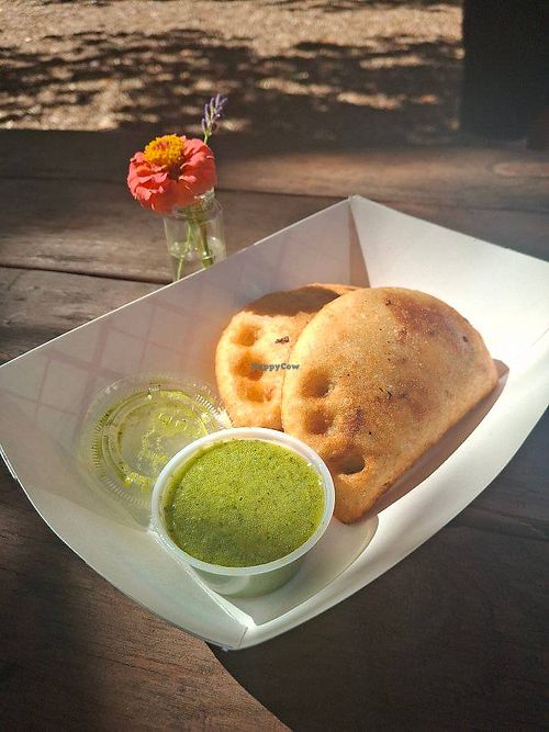 Vegan plantain and black bean empanadas with cilantro sauce at A Taste of Mi Kasa in Chico