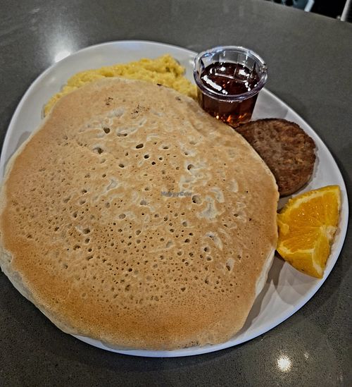 Sourdough pancakes with Vegan sausage and egg at Two Chicks in Reno