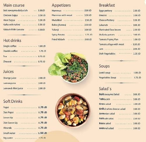 Menu. Vegan options include spreads, soups, and salads. at Beit Sweimeh - بيت سويمة in Balqa Governorate