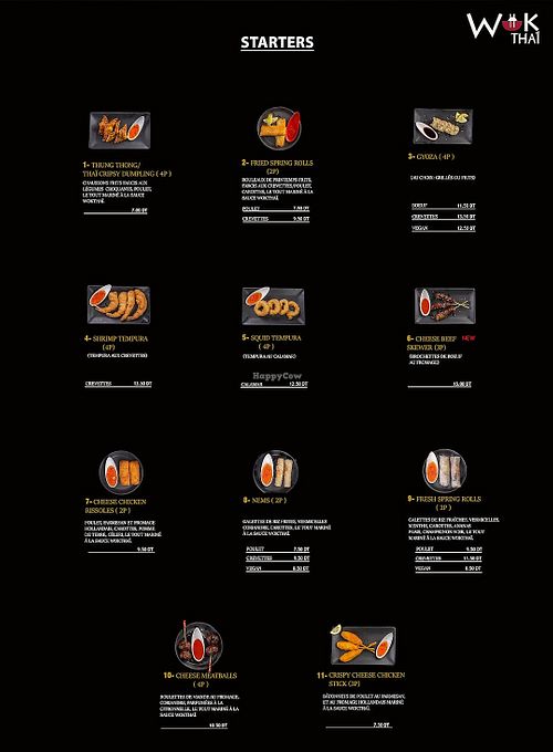 Starter menu, with vegan options for Tom Yum soup, spring rolls, summer rolls, and gyoza. at Wokthaï Ennaser in Gouvernorat De L'ariana