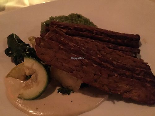 Smoked tempeh with spinach risotto- vegan second course at Cedar Restaurant in Washington
