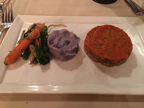 Vegan meatloaf, smashed potatoes, and assorted veg at Cedar Restaurant in Washington