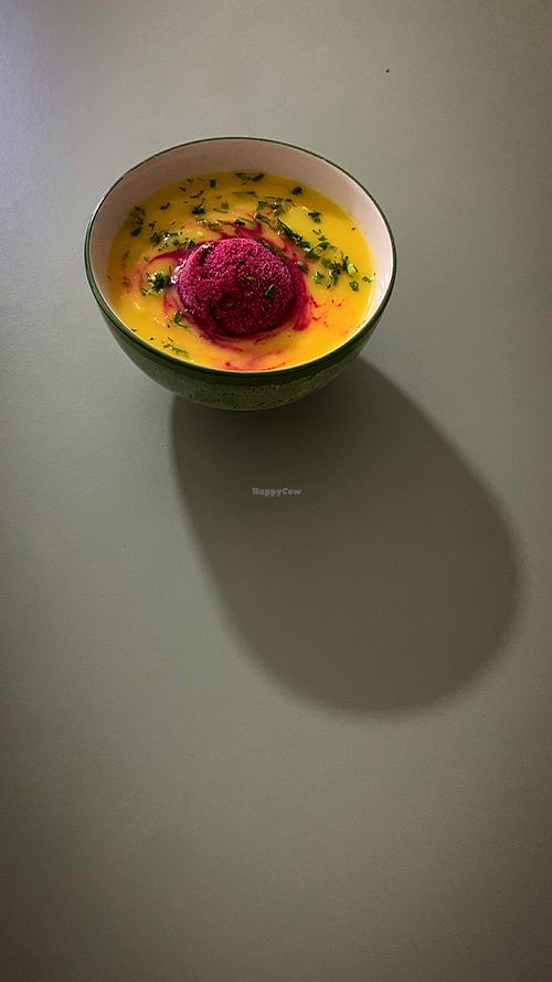 Vegetable cream soup plus Kholodnik sorbet  at Tint Plant Food in Batumi