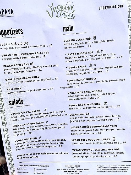Vegan Menu  at Papaya in Renton
