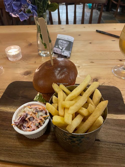 Vegan burger with slaw and chips at The Oystercatcher Inn in Scotland