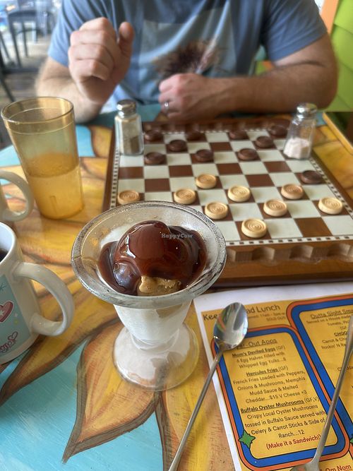Vegan peanut butter ice cream with vegan fudge sauce   at Harold's Diner Soda Fountain & Farmacy in Eureka Springs