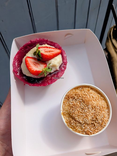 Summer berry tart and mango coconut mousse (all vegan). 8 February 2026. at Maldon Bakery in Maldon